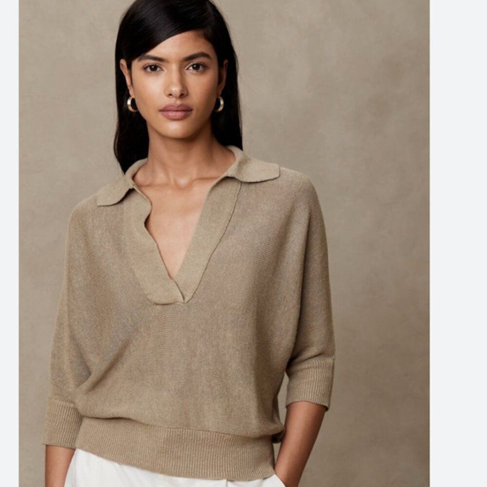 Banana Republic Oversize-Collar Quarter-Sleeve Pullover – Warm Tan (NWT) ✨🤎